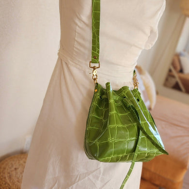 Olive Green Jumbo Croc Embossed Drawstring Crossbody Bucket Bag