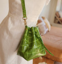 Load image into Gallery viewer, Olive Green Jumbo Croc Embossed Drawstring Crossbody Bucket Bag
