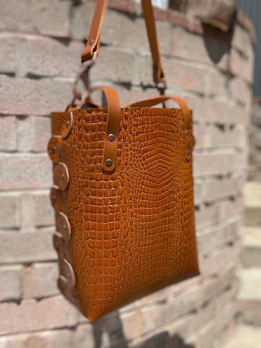 Shiny Caramel Croc Embossed Open Top Crossbody Tote