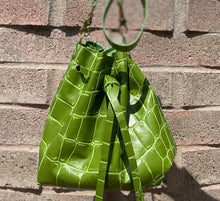 Load image into Gallery viewer, Olive Green Jumbo Croc Embossed Leather Drawstring Crossbody Bucket Bag
