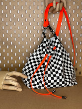 Load image into Gallery viewer, Checkerboard Leather and Neon Orange Drawstring Crossbody Bucket Bag
