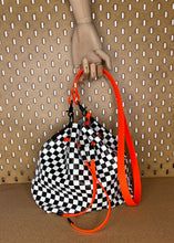 Load image into Gallery viewer, Checkerboard Leather and Neon Orange Drawstring Crossbody Bucket Bag
