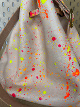 Load image into Gallery viewer, Neon Splatter Veg Tan Leather Drawstring Crossbody Bucket Bag
