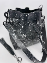 Load image into Gallery viewer, Black Leather Drawstring Bucket Shoulder Bag With Matte White Splatter
