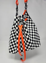 Load image into Gallery viewer, Checkerboard Leather and Neon Orange Drawstring Crossbody Bucket Bag
