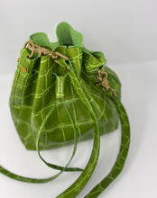 Load image into Gallery viewer, Olive Green Jumbo Croc Embossed Leather Drawstring Crossbody Bucket Bag
