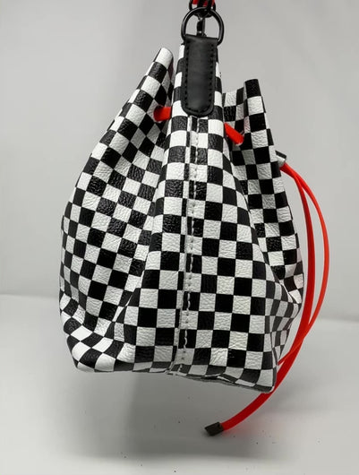 Checkerboard Leather and Neon Orange Drawstring Crossbody Bucket Bag