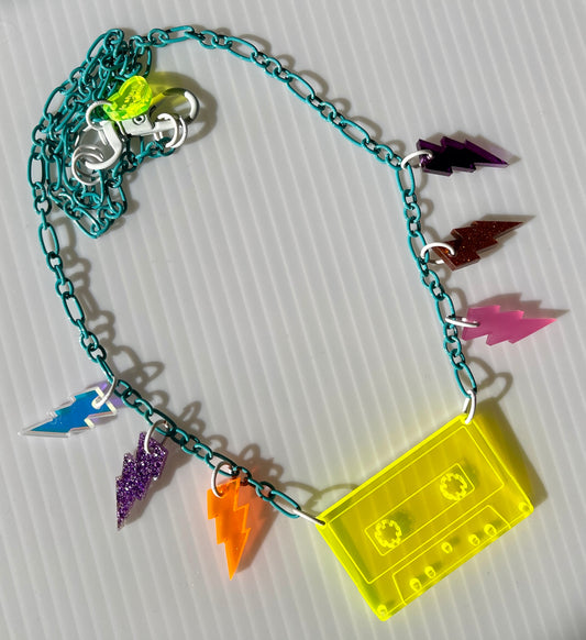 Fantastic Plastic Neon Yellow Cassette Necklace With Turquoise Chain - One of a Kind!