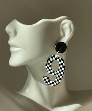 Load image into Gallery viewer, Year-rings -black and white checkerboard number 9 earrings
