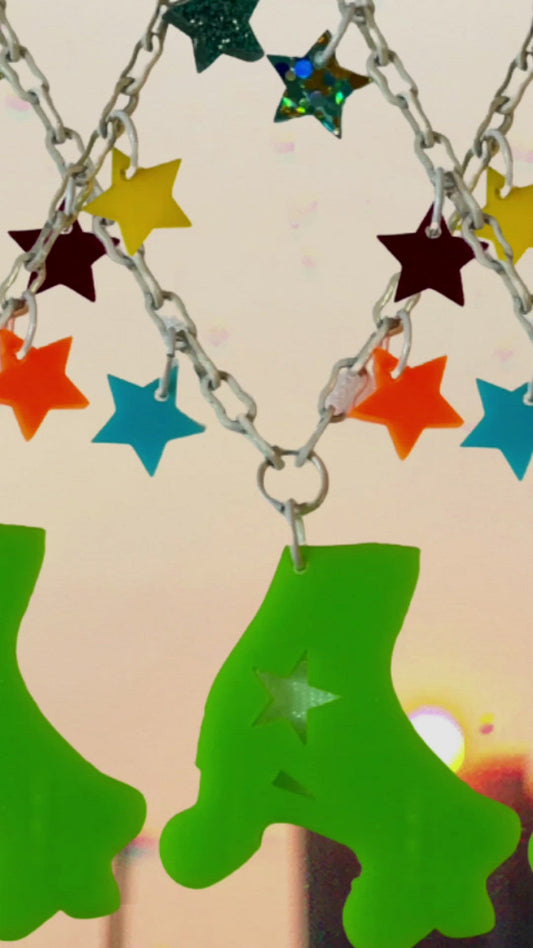 Fantastic Plastic Green Star Roller Skate Necklace - One Of a Kind!